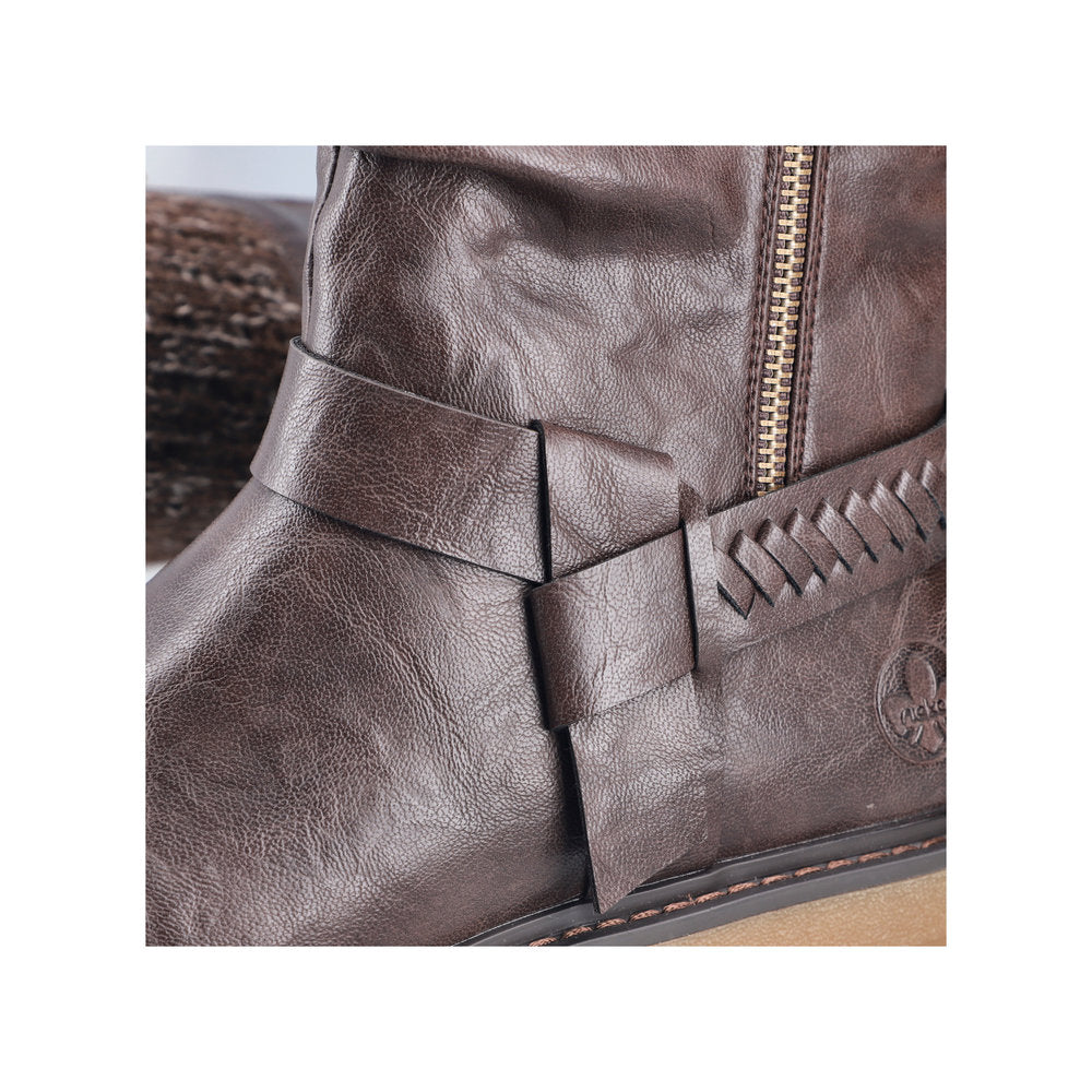 Rieker 92984-25 women's wide brown water resistant side zip mid-calf boots, lifestyle view.