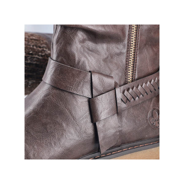 Rieker 92984-25 women's wide brown water resistant side zip mid-calf boots, lifestyle view.