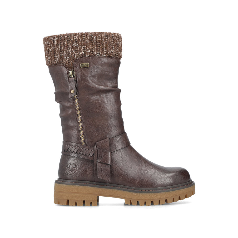 Rieker 92984-25 women's wide brown water resistant side zip mid-calf boots, opposite side view.