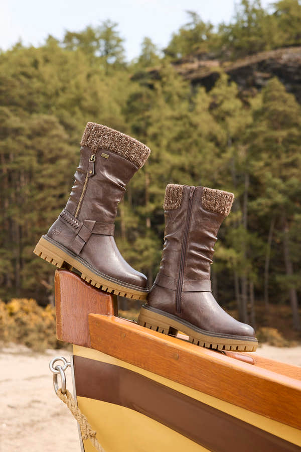Rieker 92984-25 women's wide brown water resistant side zip mid-calf boots, lifestyle view 3 of 3.