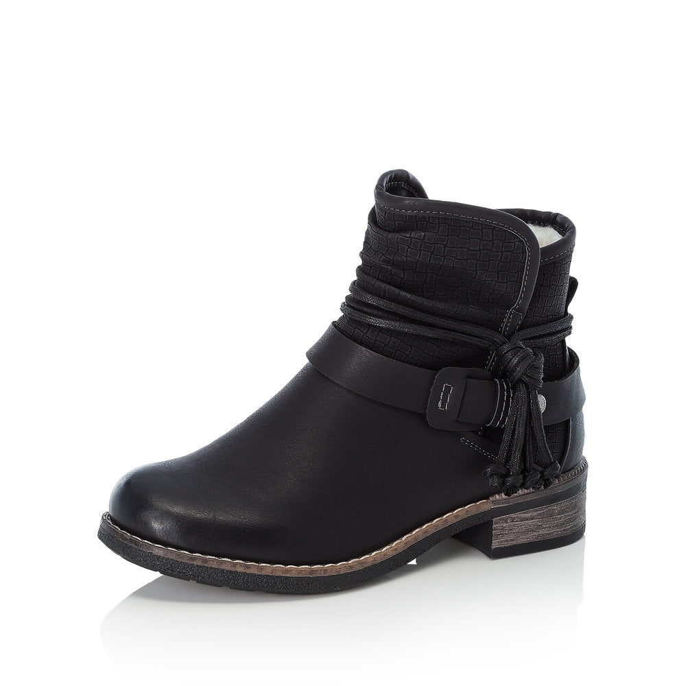 Rieker 94689-00 women's black side zip ankle boots, front three-quarter view.