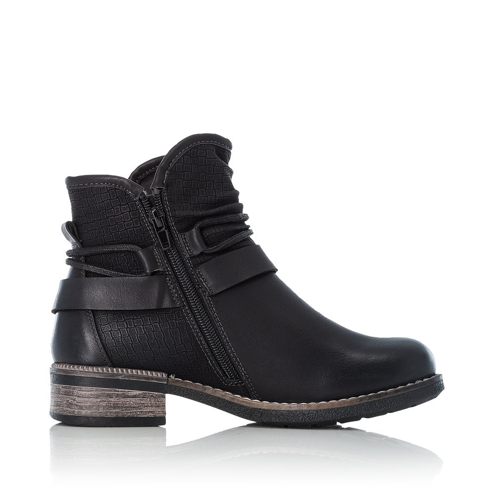Rieker 94689-00 women's black side zip ankle boots, outer side view.