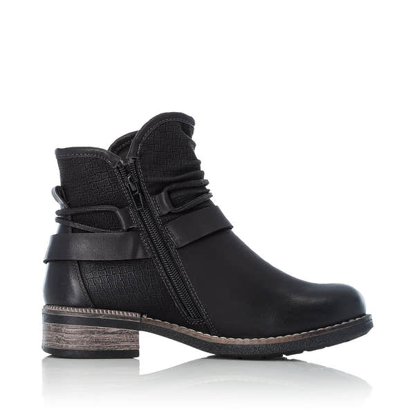 Rieker 94689-00 women's black side zip ankle boots, outer side view.