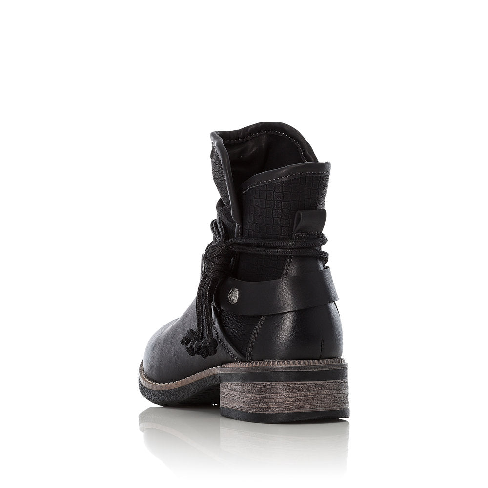 Rieker 94689-00 women's black side zip ankle boots, rear three-quarter view.