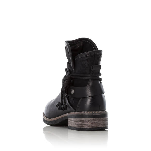 Rieker 94689-00 women's black side zip ankle boots, rear three-quarter view.