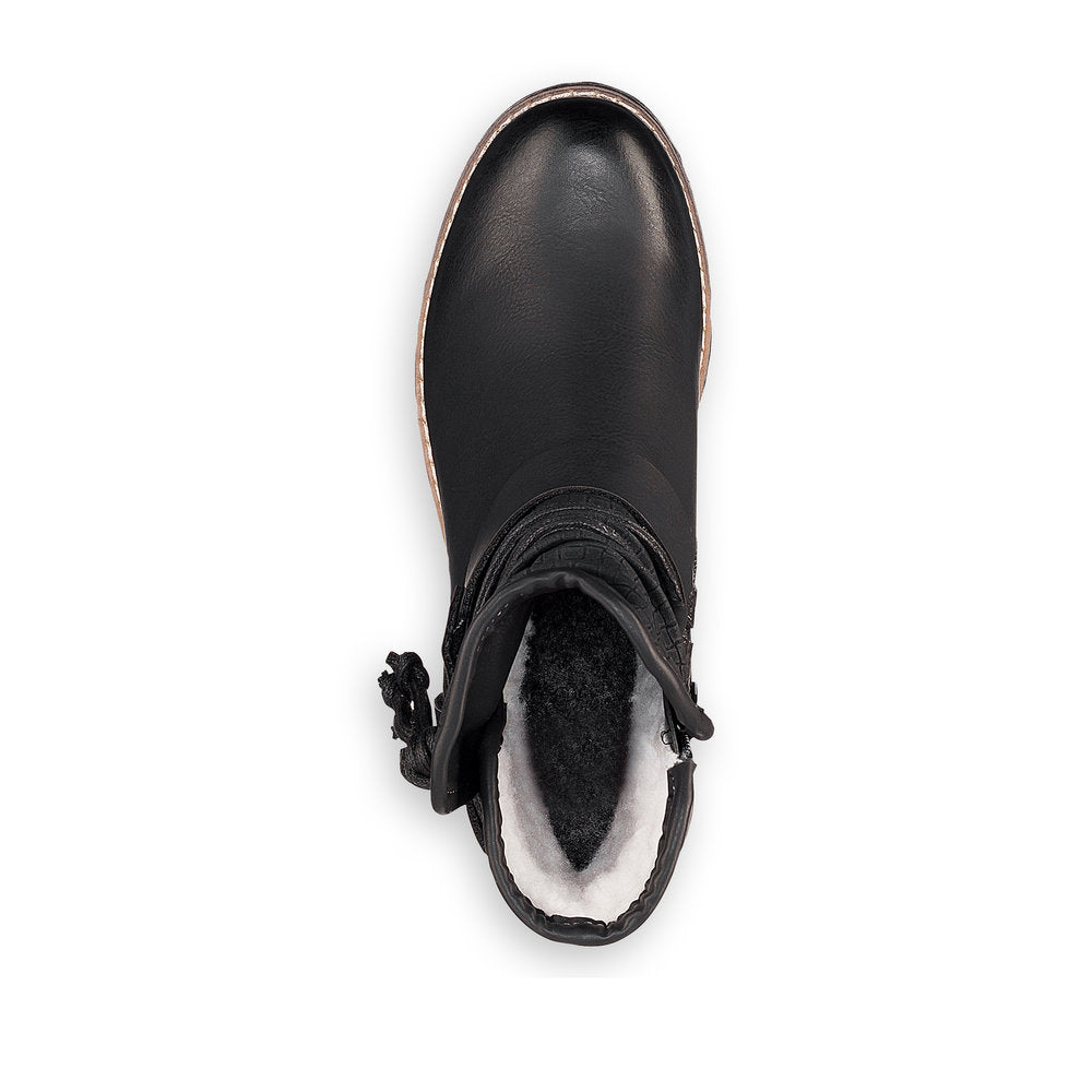 Rieker 94689-00 women's black side zip ankle boots, top view.