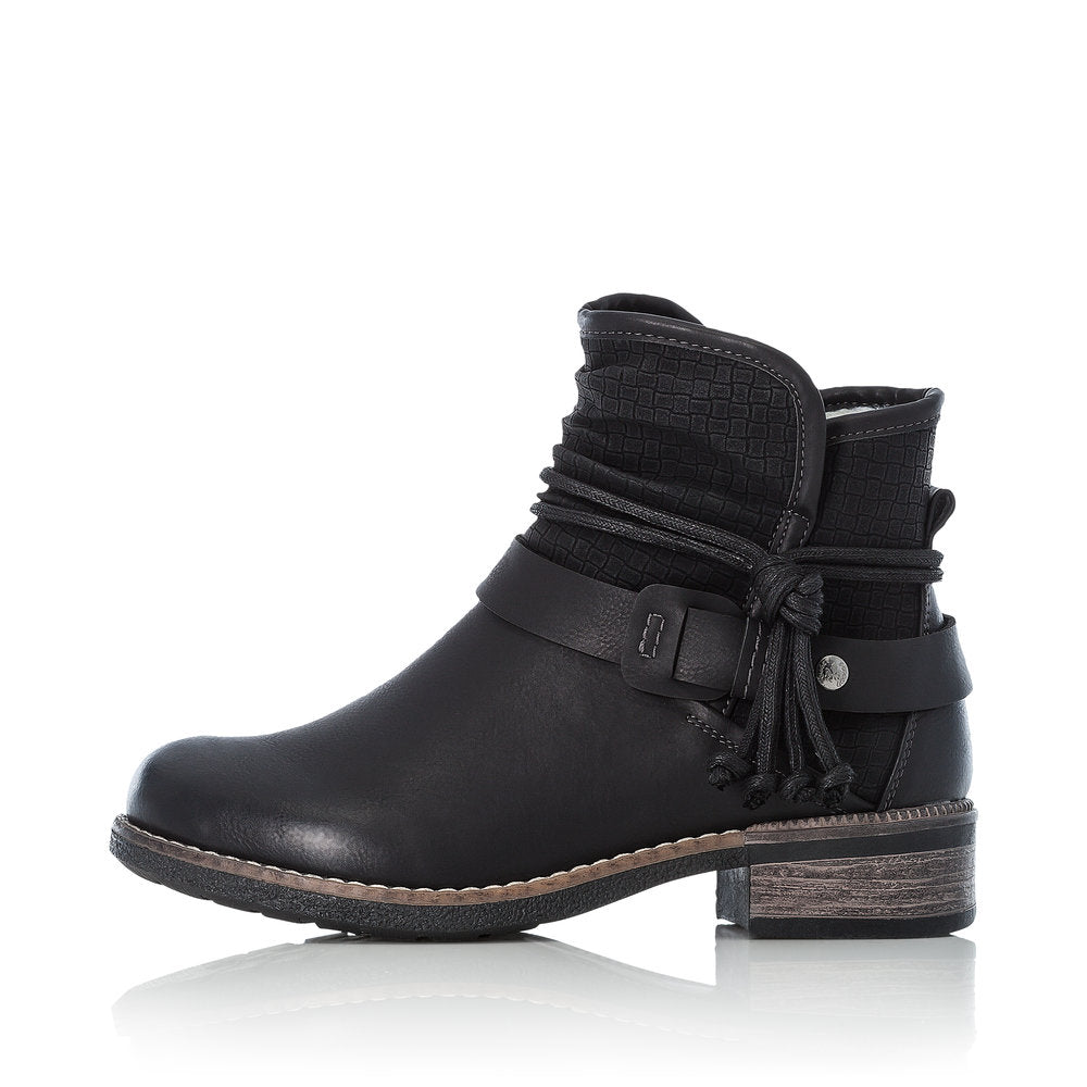 Rieker 94689-00 women's black side zip ankle boots, inner side view.