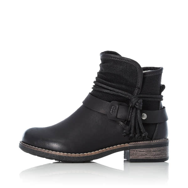 Rieker 94689-00 women's black side zip ankle boots, inner side view.