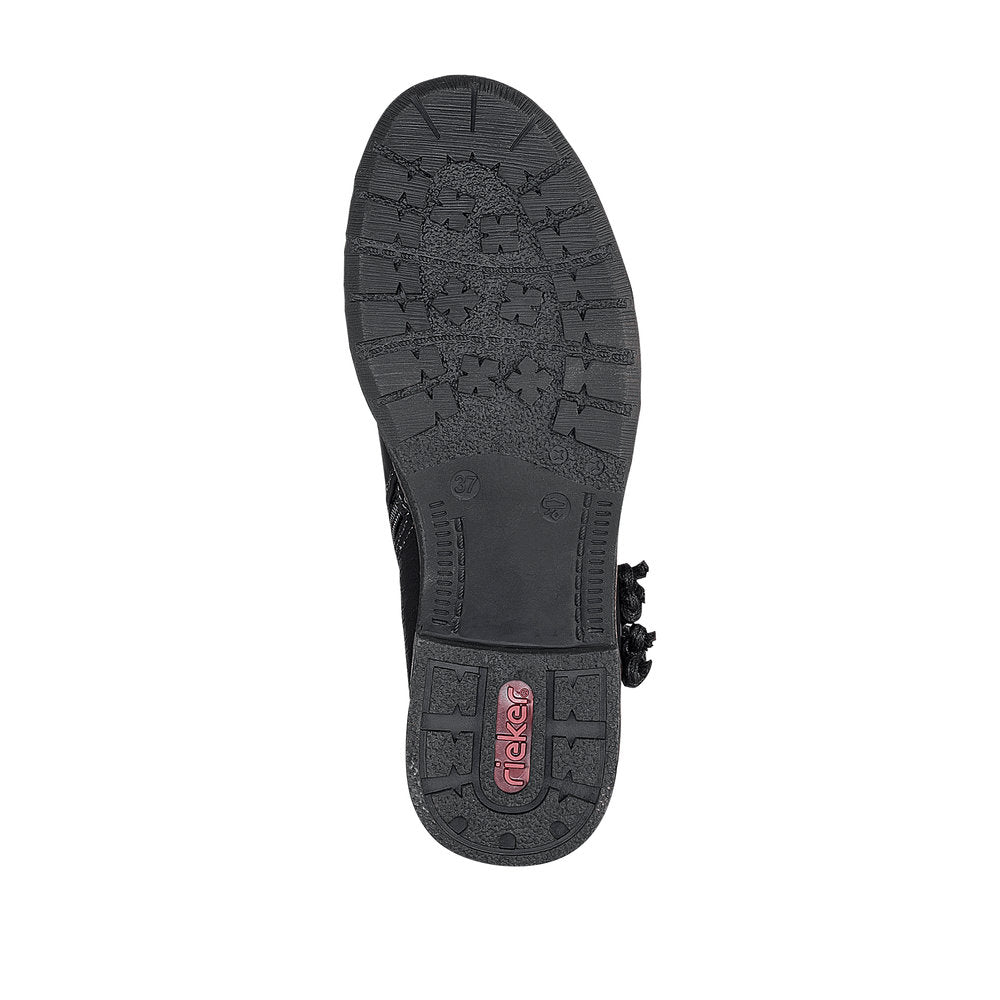 Rieker 94689-00 women's black side zip ankle boots, sole and tread view.