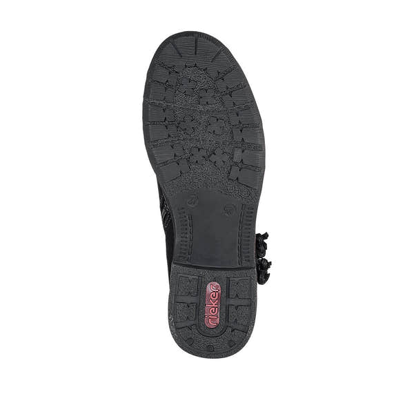 Rieker 94689-00 women's black side zip ankle boots, sole and tread view.