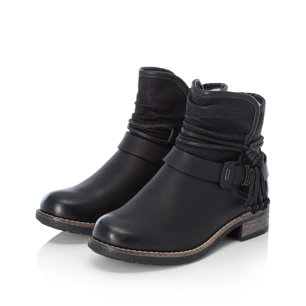 Rieker 94689-00 women's black side zip ankle boots, paired three-quarter view.
