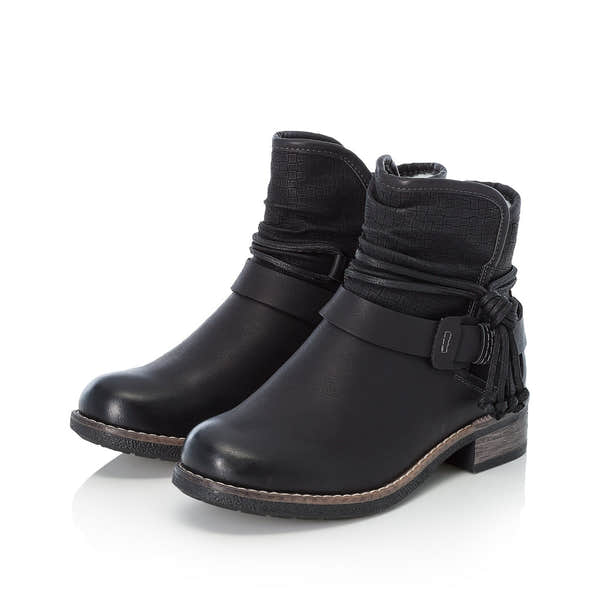 Rieker 94689-00 women's black side zip ankle boots, paired three-quarter view.