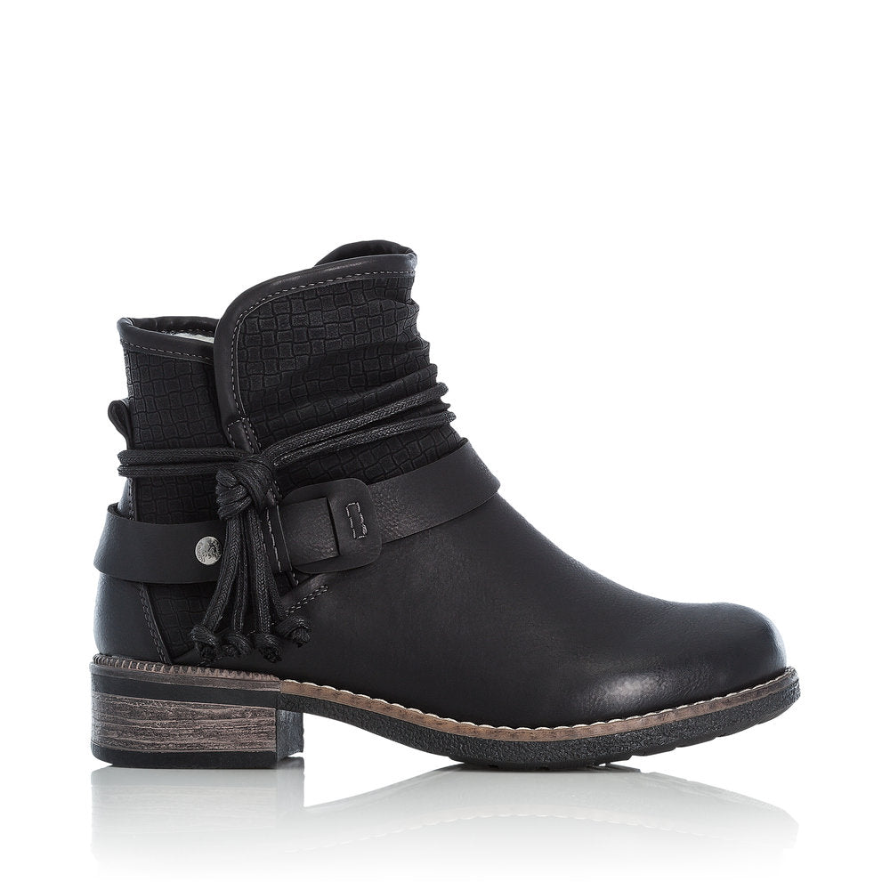 Rieker 94689-00 women's black side zip ankle boots, opposite side view.