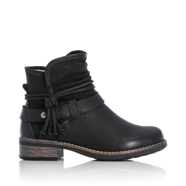 Rieker 94689-00 women's black side zip ankle boots, opposite side view.