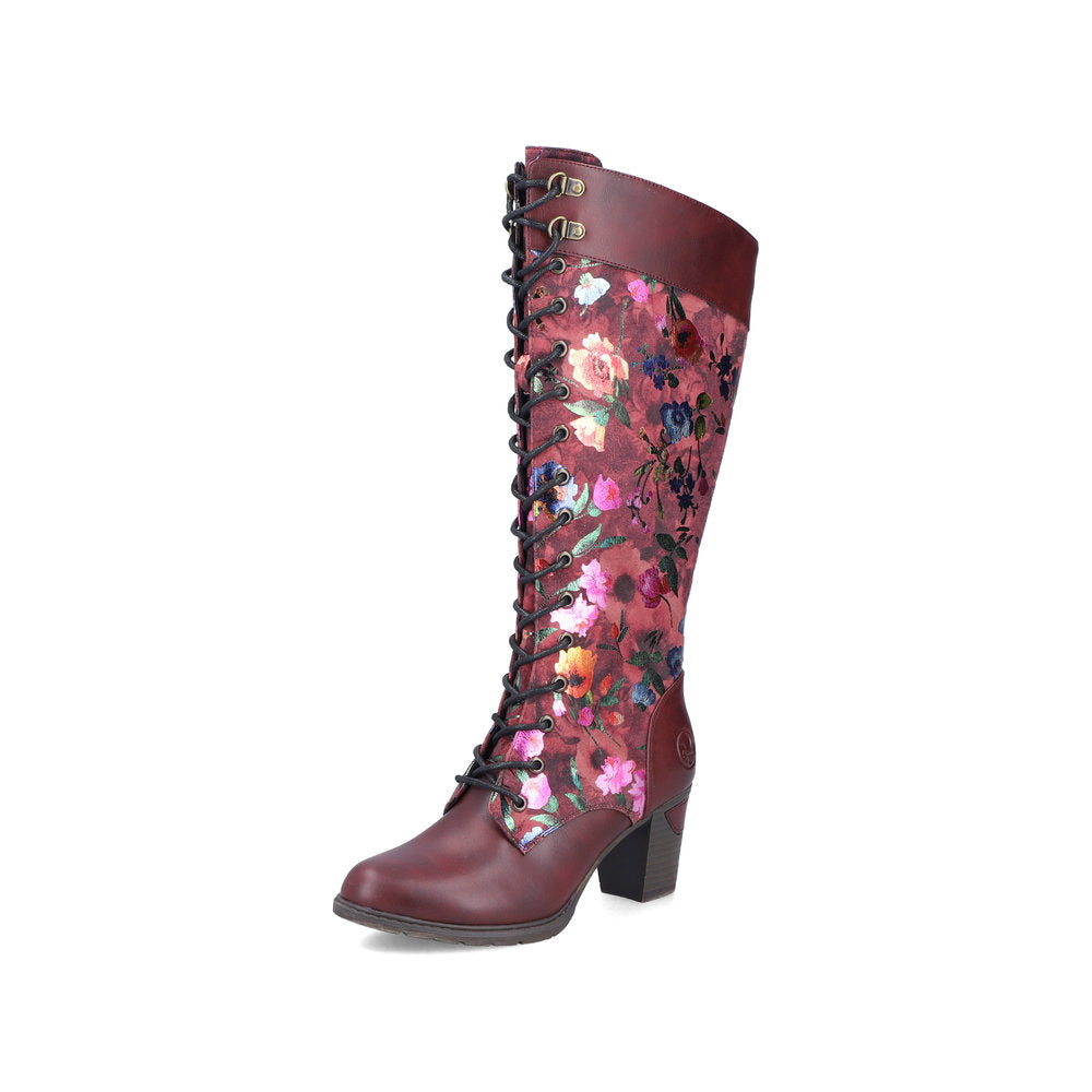 Rieker 96040-90 women's wine zip & lace mid-calf boots, front three-quarter view.