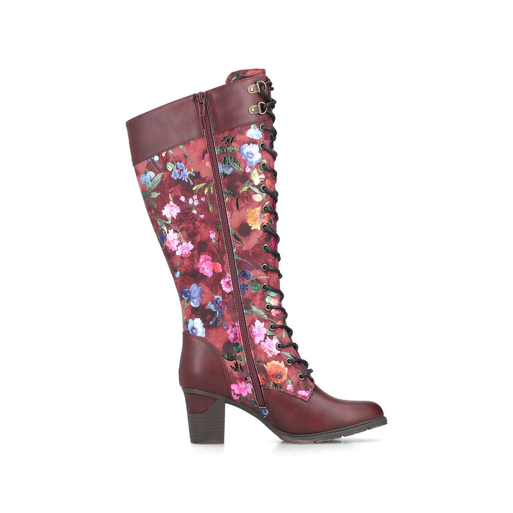 Rieker 96040-90 women's wine zip & lace mid-calf boots, outer side view.