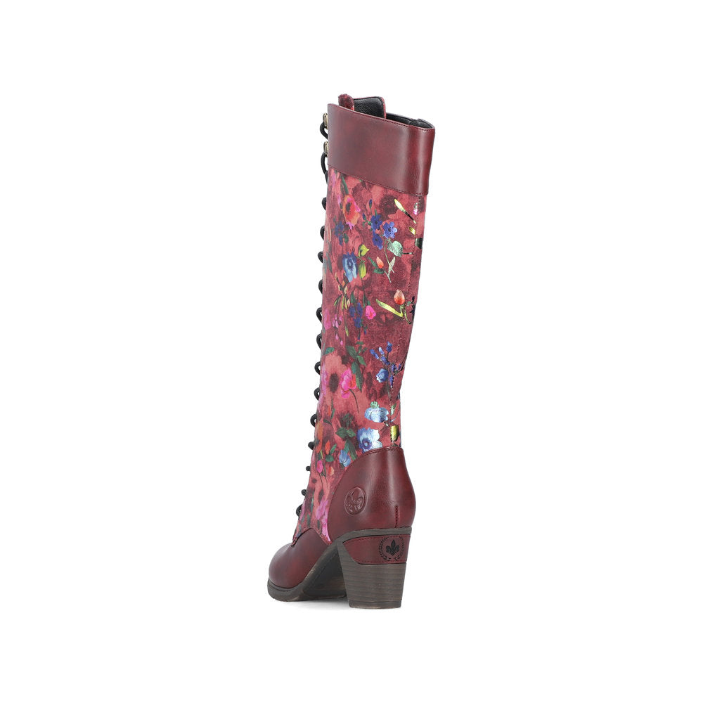 Rieker 96040-90 women's wine zip & lace mid-calf boots, rear three-quarter view.