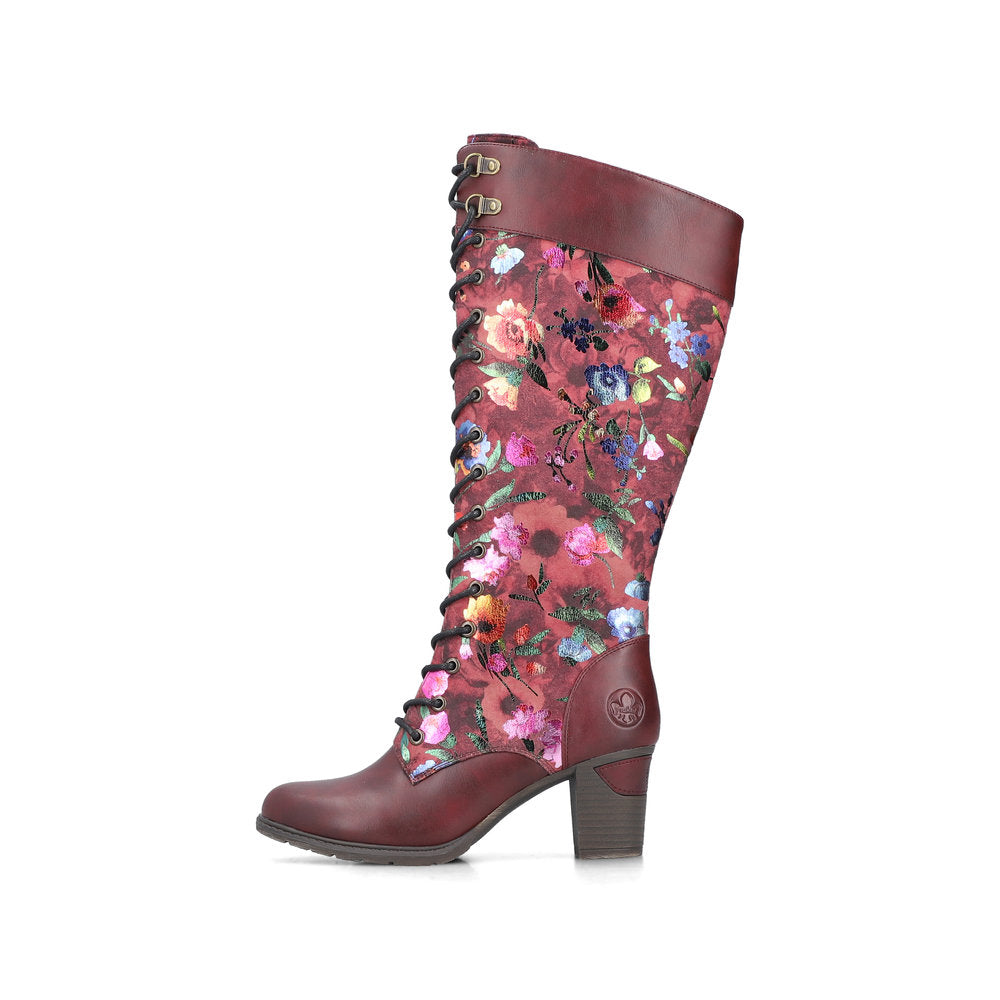 Rieker 96040-90 women's wine zip & lace mid-calf boots, inner side view.