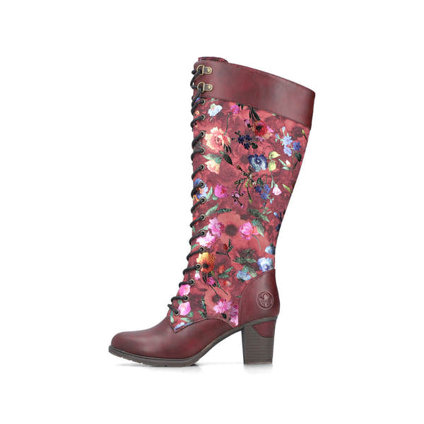 Rieker 96040-90 women's wine zip & lace mid-calf boots, inner side view.