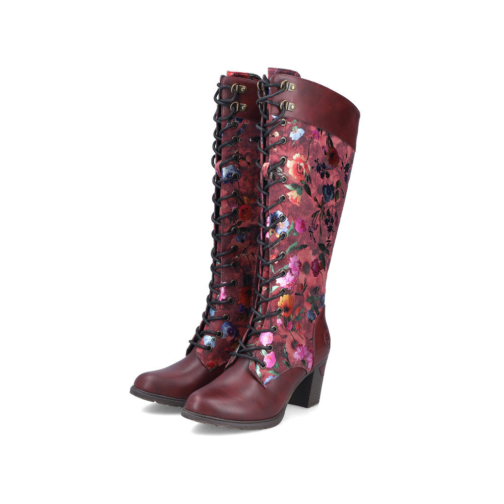 Rieker 96040-90 women's wine zip & lace mid-calf boots, paired three-quarter view.