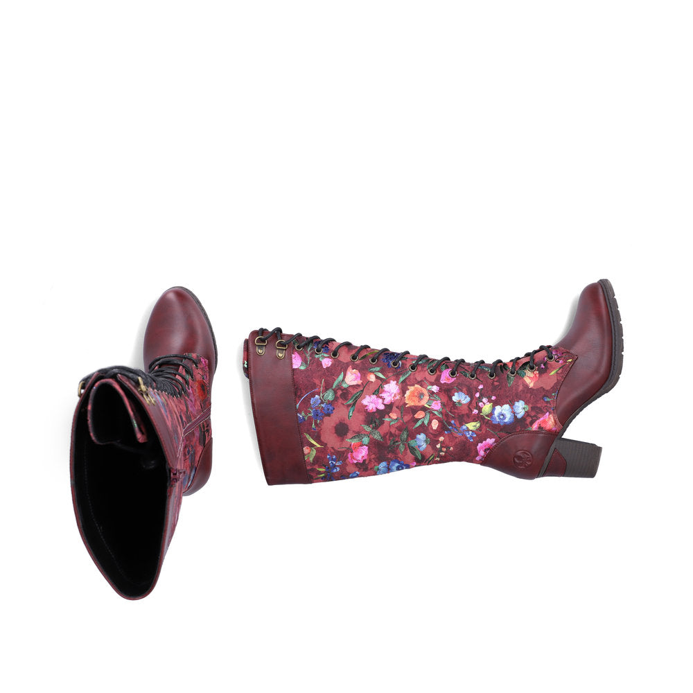 Rieker 96040-90 women's wine zip & lace mid-calf boots, two-angle product view.