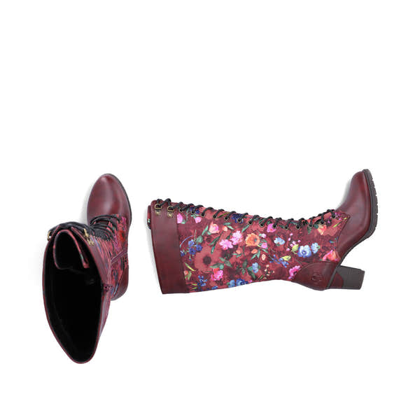 Rieker 96040-90 women's wine zip & lace mid-calf boots, two-angle product view.