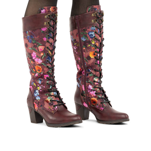 Rieker 96040-90 women's wine zip & lace mid-calf boots, on-foot lifestyle view.