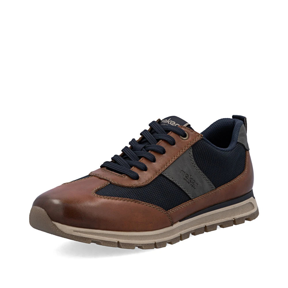 Rieker B0507-24 men's brown leather zip & lace trainers, front three-quarter view.