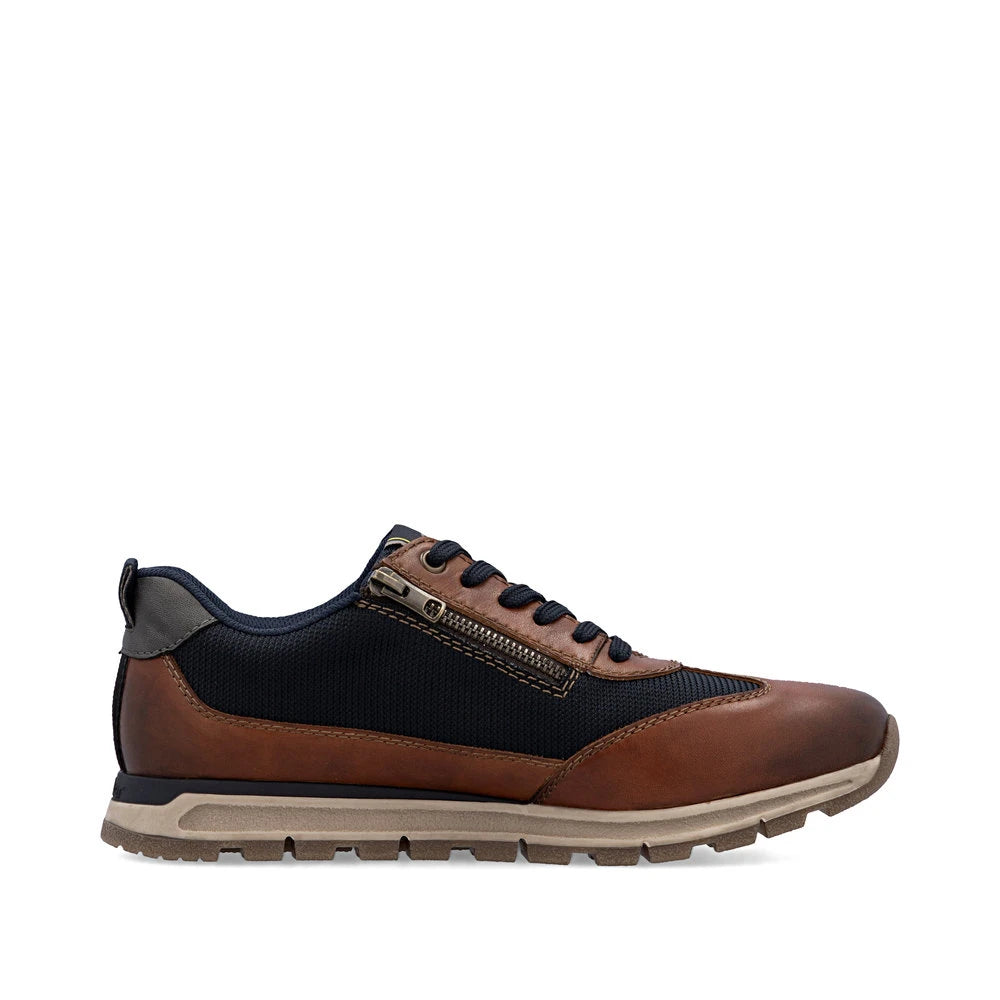 Rieker B0507-24 men's brown leather zip & lace trainers, outer side view.