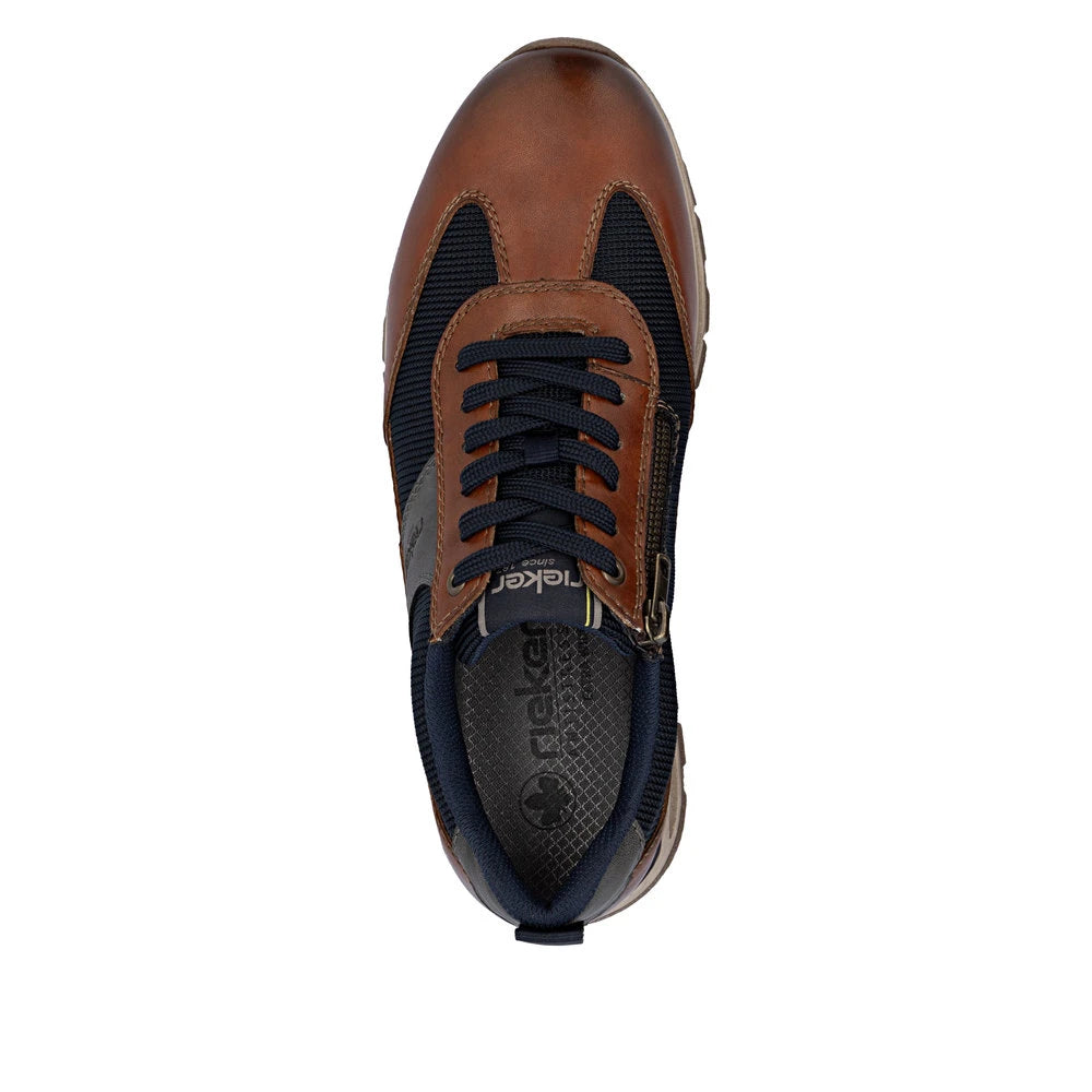 Rieker B0507-24 men's brown leather zip & lace trainers, top view.