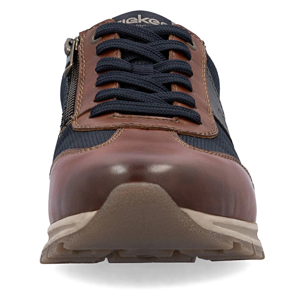 Rieker B0507-24 men's brown leather zip & lace trainers, front view.