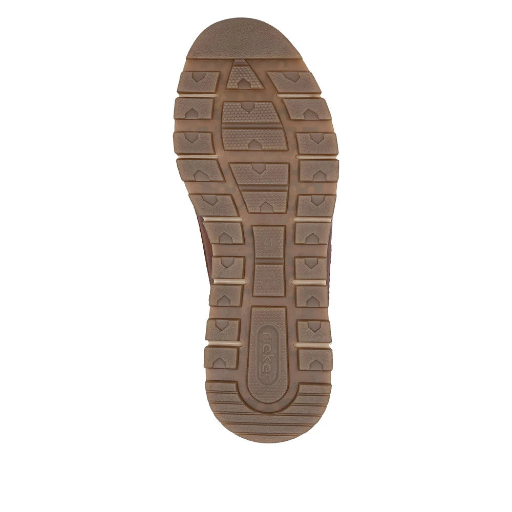 Rieker B0507-24 men's brown leather zip & lace trainers, sole and tread view.
