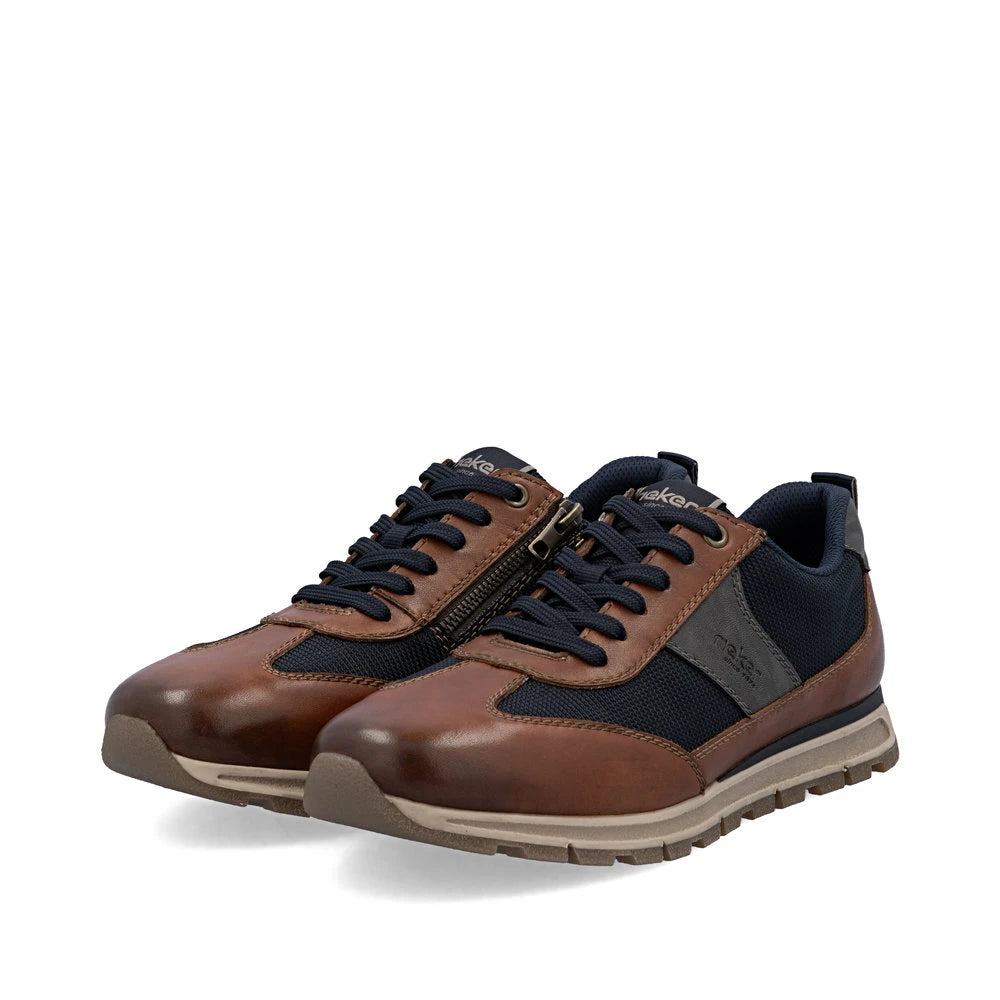 Rieker B0507-24 men's brown leather zip & lace trainers, paired three-quarter view.