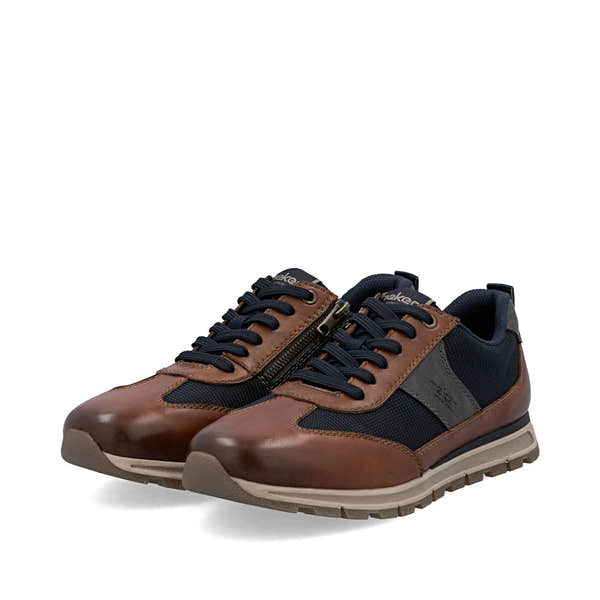 Rieker B0507-24 men's brown leather zip & lace trainers, paired three-quarter view.
