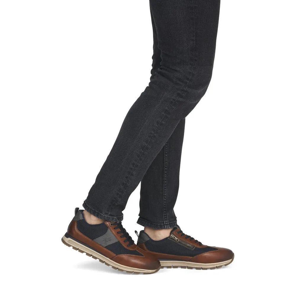 Rieker B0507-24 men's brown leather zip & lace trainers, on-foot lifestyle view.