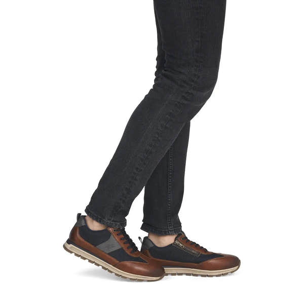 Rieker B0507-24 men's brown leather zip & lace trainers, on-foot lifestyle view.