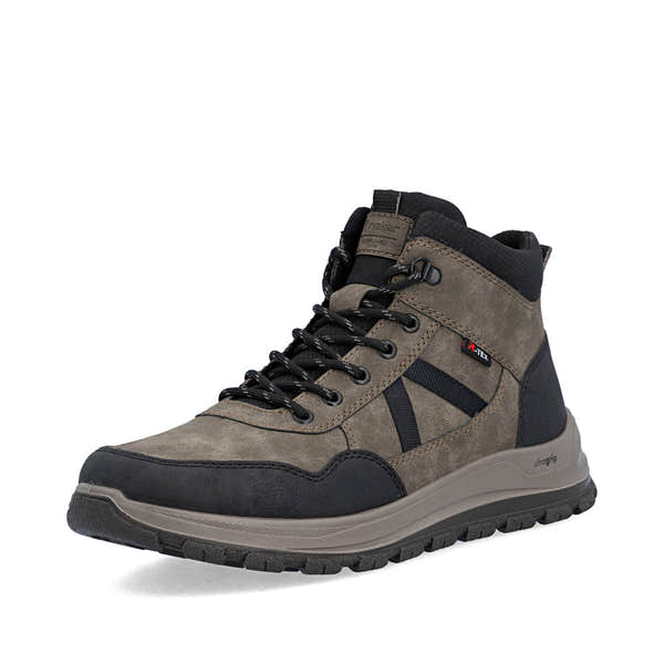 Rieker B8120-25 men's wide grey water resistant zip & lace ankle boots, front three-quarter view.