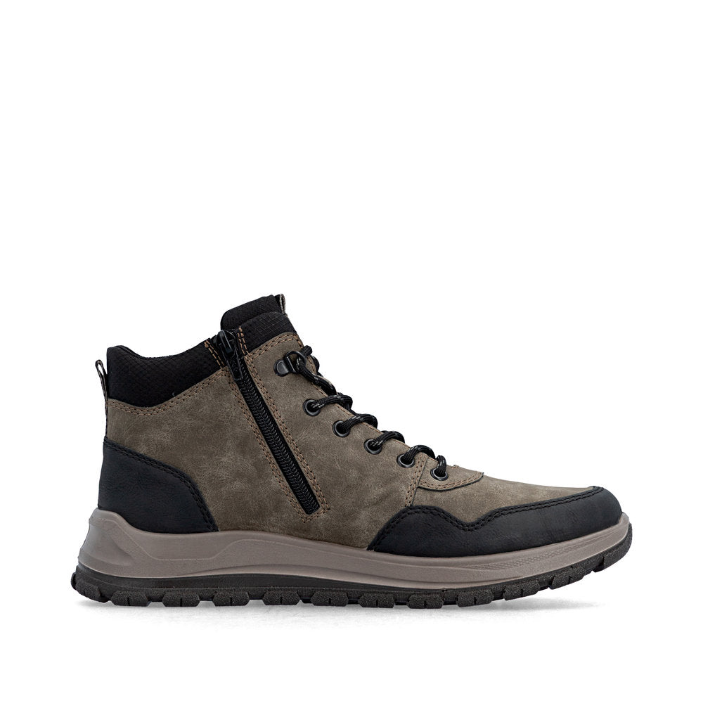 Rieker B8120-25 men's wide grey water resistant zip & lace ankle boots, outer side view.