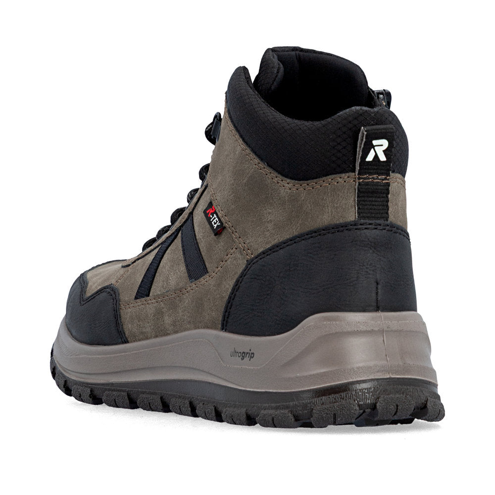 Rieker B8120-25 men's wide grey water resistant zip & lace ankle boots, rear three-quarter view.