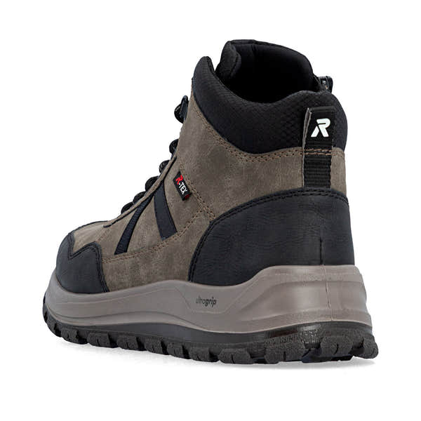 Rieker B8120-25 men's wide grey water resistant zip & lace ankle boots, rear three-quarter view.