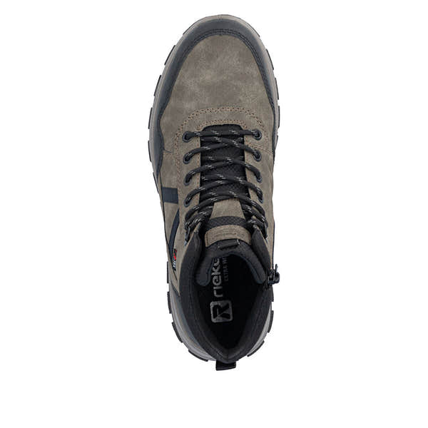Rieker B8120-25 men's wide grey water resistant zip & lace ankle boots, top view.