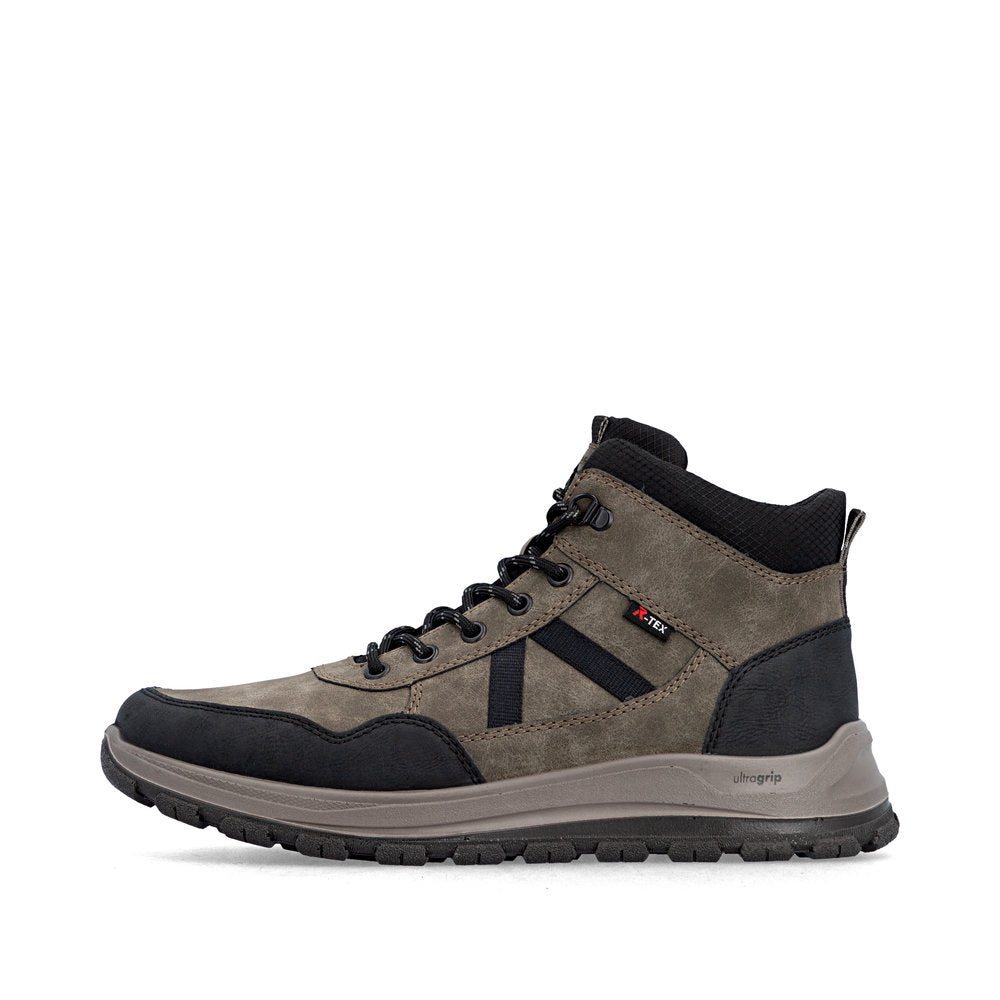 Rieker B8120-25 men's wide grey water resistant zip & lace ankle boots, inner side view.