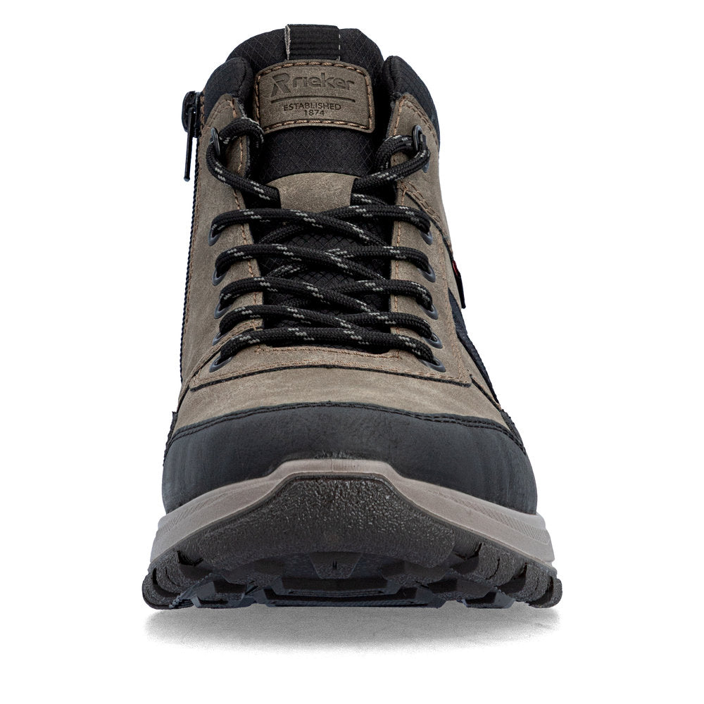 Rieker B8120-25 men's wide grey water resistant zip & lace ankle boots, front view.