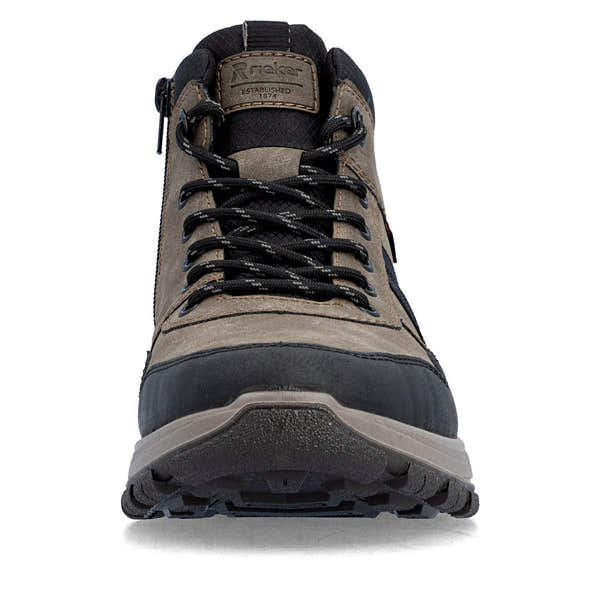 Rieker B8120-25 men's wide grey water resistant zip & lace ankle boots, front view.