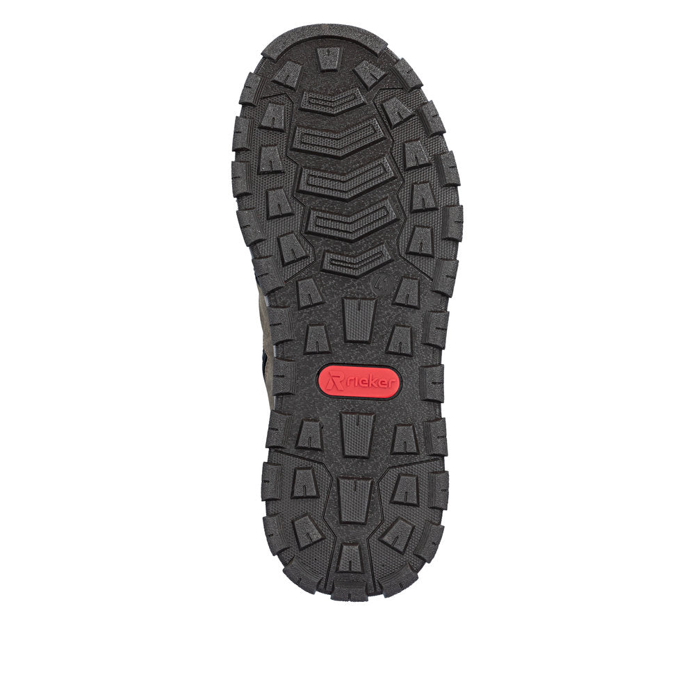 Rieker B8120-25 men's wide grey water resistant zip & lace ankle boots, sole and tread view.