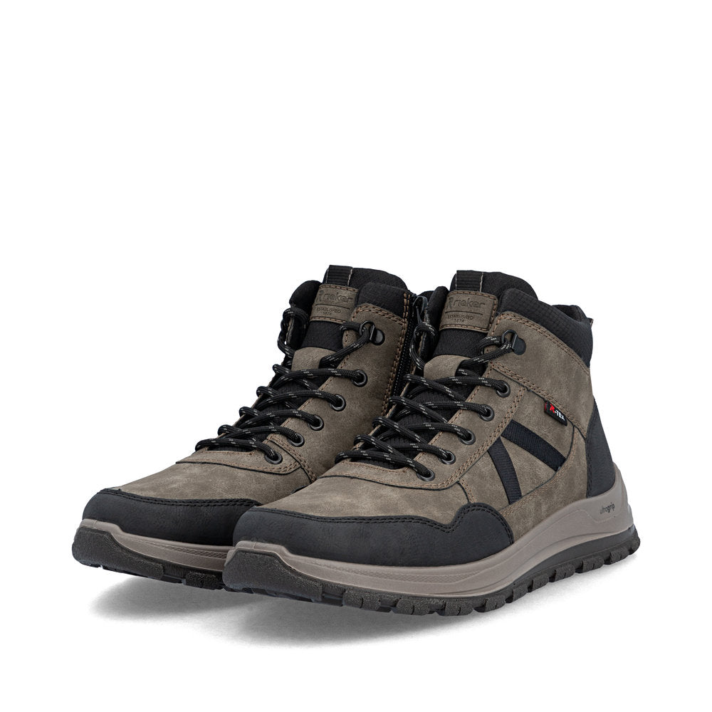 Rieker B8120-25 men's wide grey water resistant zip & lace ankle boots, paired three-quarter view.