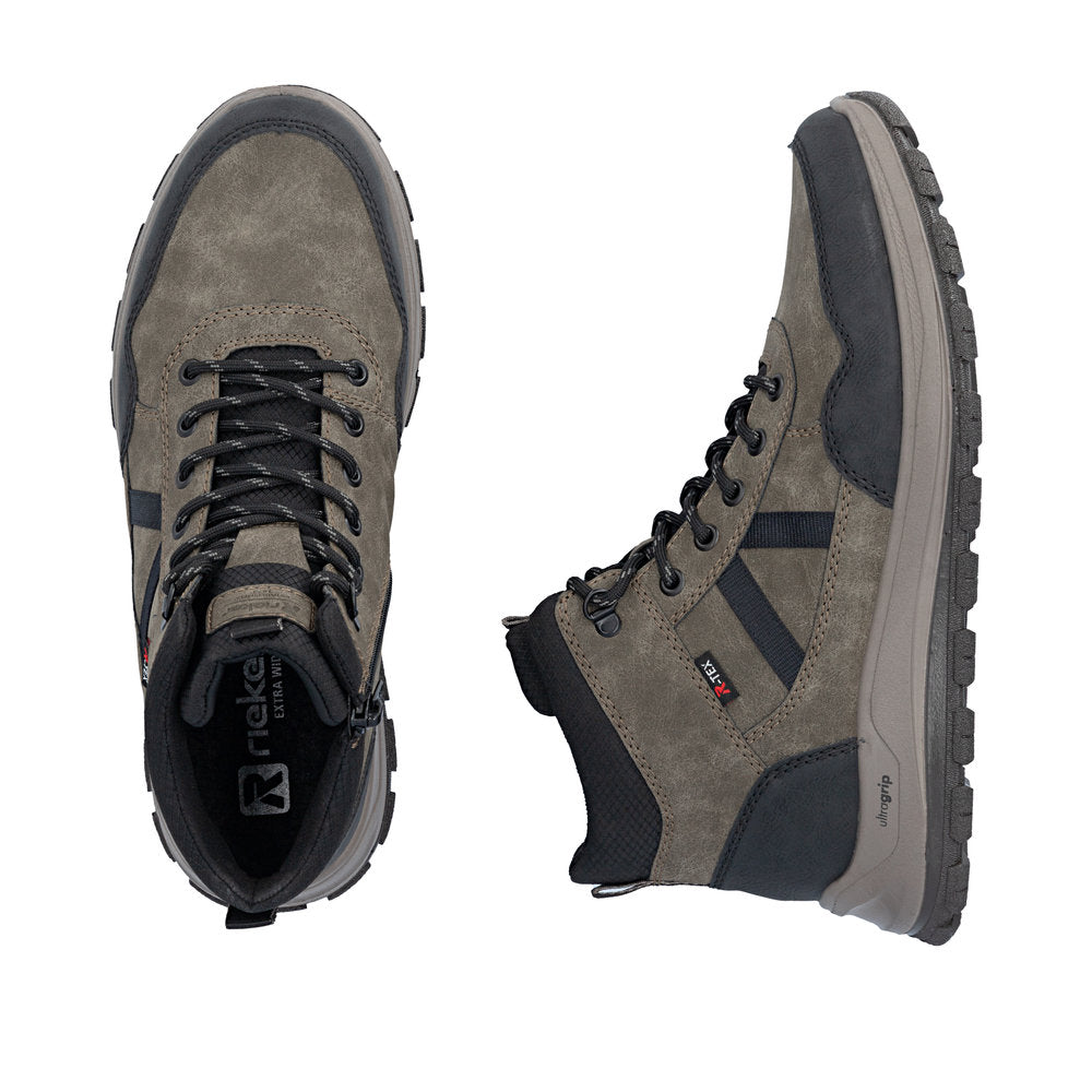 Rieker B8120-25 men's wide grey water resistant zip & lace ankle boots, two-angle product view.