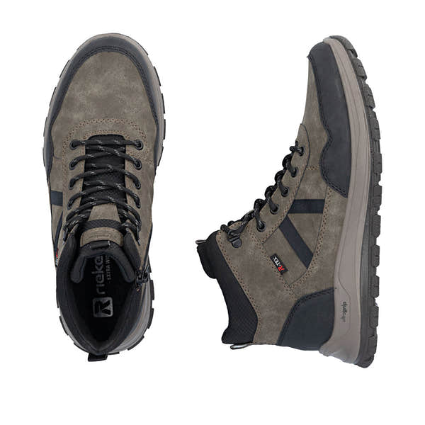 Rieker B8120-25 men's wide grey water resistant zip & lace ankle boots, two-angle product view.