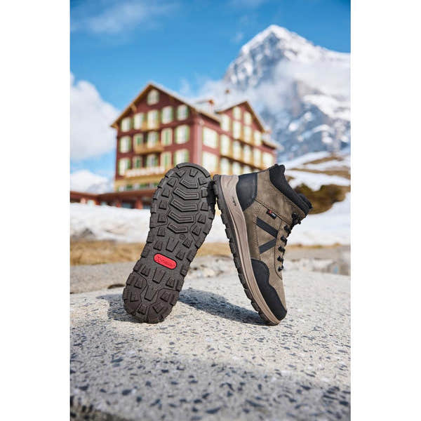 Rieker B8120-25 men's wide grey water resistant zip & lace ankle boots, lifestyle view 1 of 4.