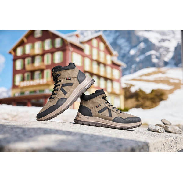 Rieker B8120-25 men's wide grey water resistant zip & lace ankle boots, lifestyle view 3 of 4.